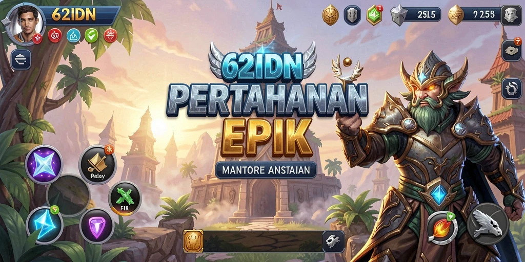 Tampilan gameplay 62IDN dengan menara pertahanan yang megah.