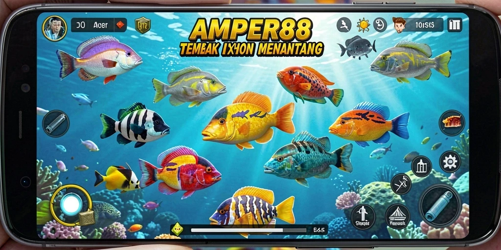 Menampilkan gameplay seru Tembak Ikan AMPER88 dengan berbagai ikan menarik.