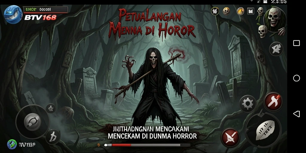 Screenshot utama BTV168 menampilkan momen menegangkan saat menghadapi makhluk menyeramkan.