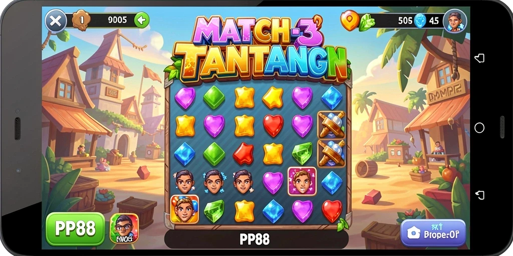 Screenshot gameplay PP88: tantangan Match-3 yang seru dan berwarna.