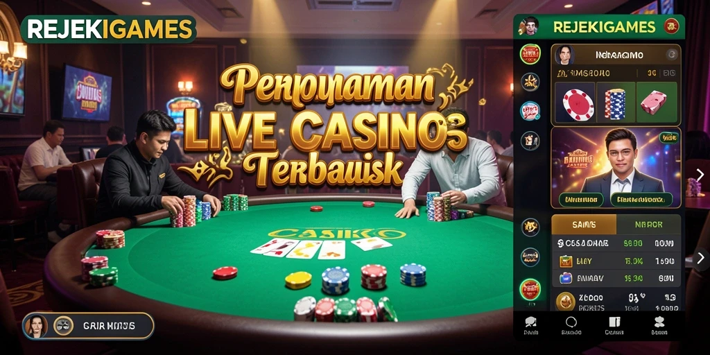 Tangkapan layar REJEKIGAMES menampilkan dealer langsung di meja permainan.