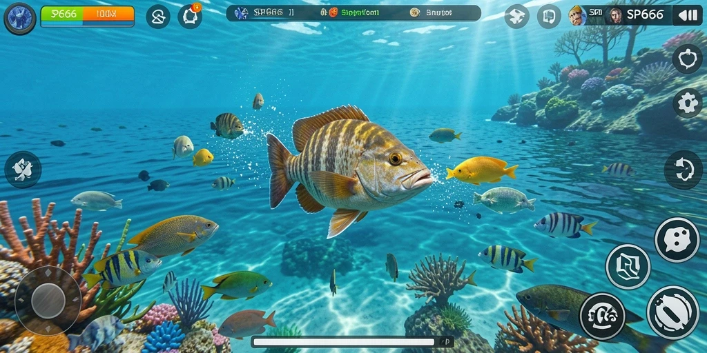 Tangkapan layar SP666 menunjukkan aksi menembak ikan yang seru.
