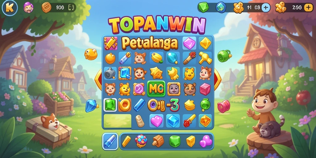 Screenshot TOPANWIN menampilkan gameplay menantang di level Match-3.