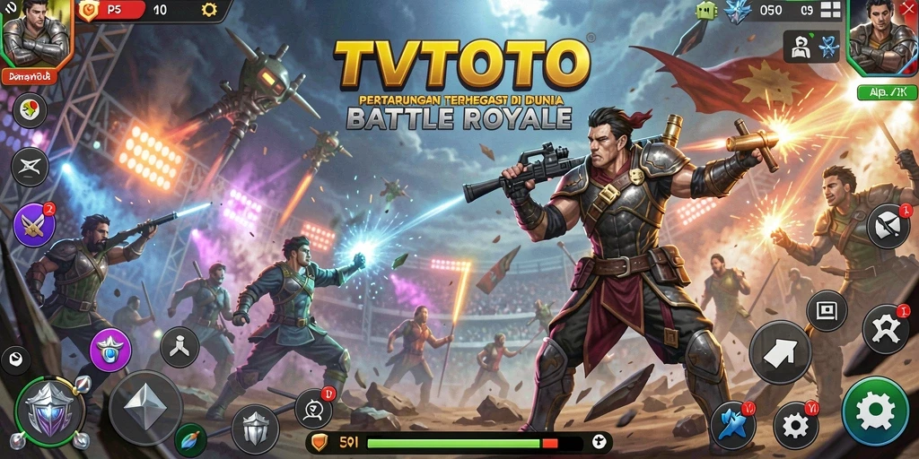 Screenshot utama TVTOTO menampilkan aksi seru di Battle Royale.